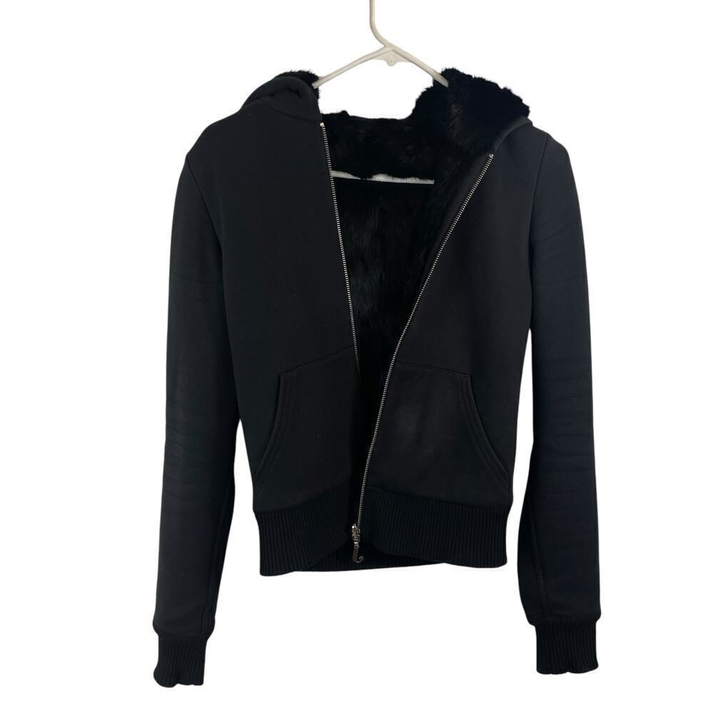 Juicy Couture Rabbit Fur Reversible Full Zip Hoodie Jacket Black Size Medium